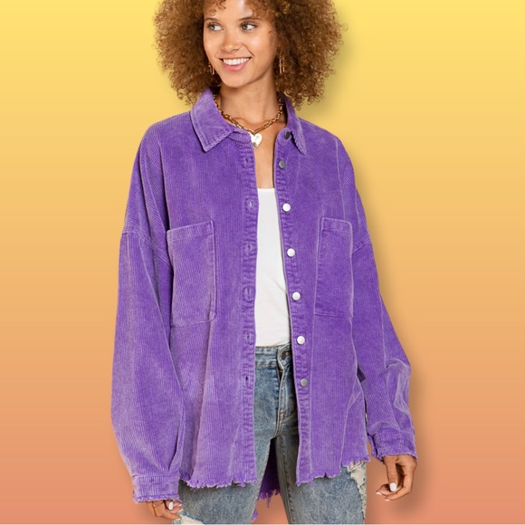 POL High-Low Relaxed Fit Corduroy Button Down Jacket Royal Purple - Picture 1 of 13
